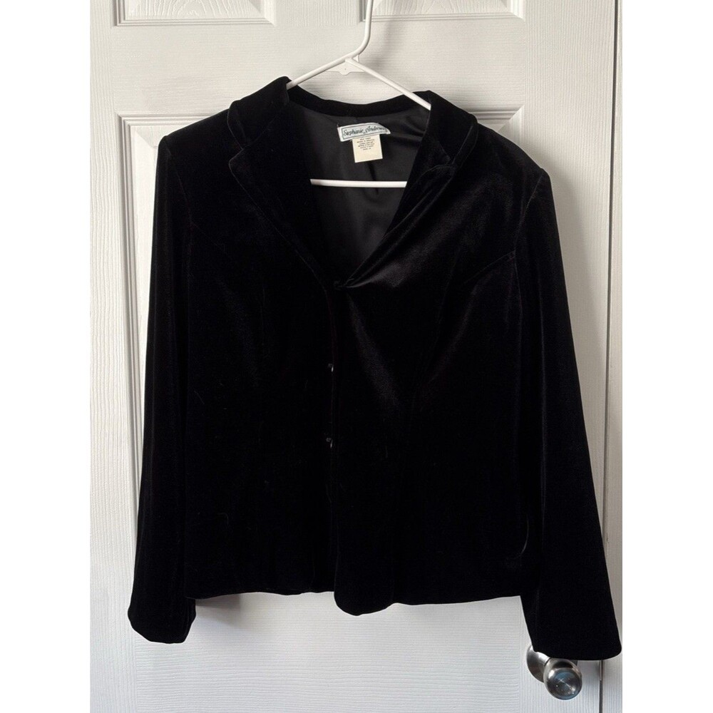 Stephanie Andrews  Womens Size 10 Black Button Blazer Jacket Faux Crushed Velvet